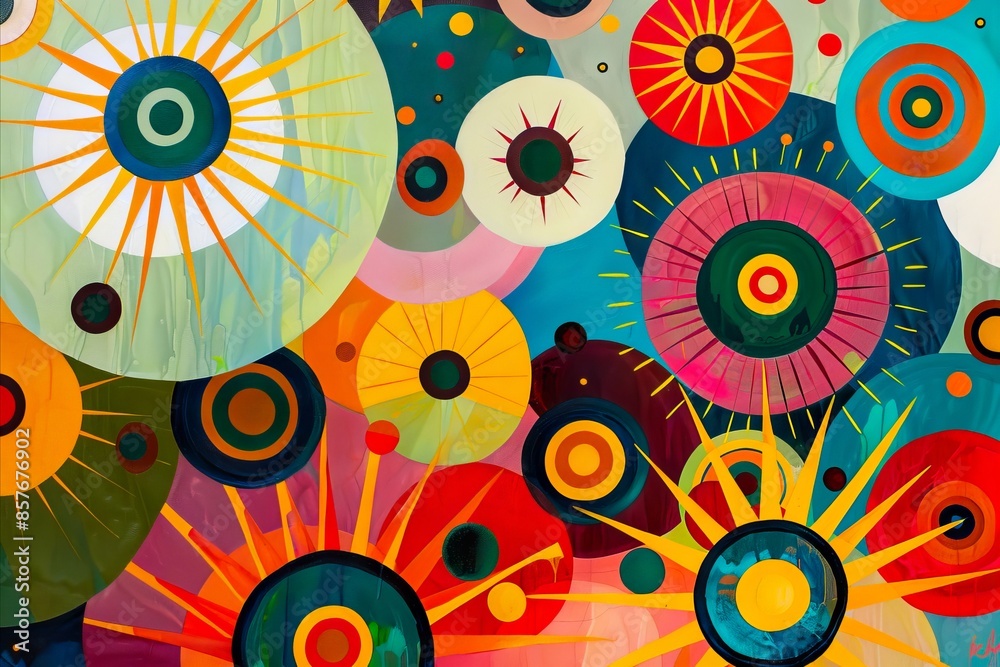 Fototapeta premium A painting of colorful circles and suns.