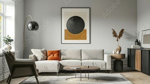 Mock up poster frame in a modern Scandinavian  style living room interior,  3D render and illustration.