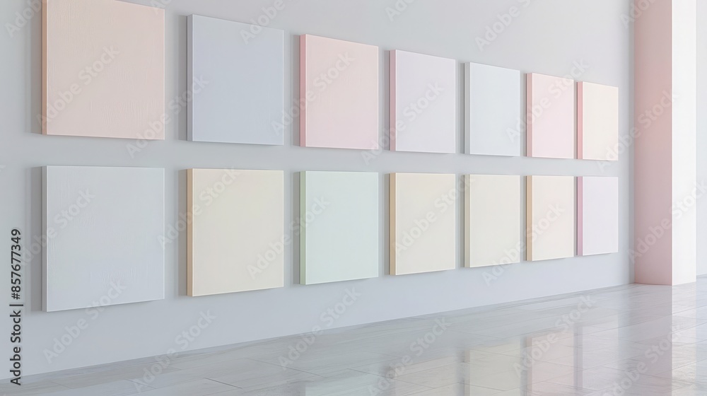 A minimalist wall display with a series of small, square canvases each painted in a different, subtle pastel shade, arranged in a grid pattern. A minimalist wall display with a series of small, square canvases each painted in a different, subtle pastel shade, arranged in a grid pattern.