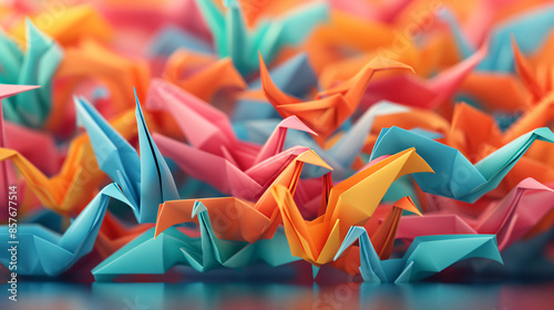 A vibrant abstract 3D background inspired by Japanese origami, featuring intricately folded cranes and geometric patterns in rich, traditional colors, evoking a sense of cultural elegance