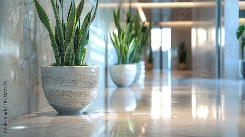 Snake plants in grey stone pots, reflections on a polished floor, set in a modern office hallway, sleek and minimalistic, raw style photo