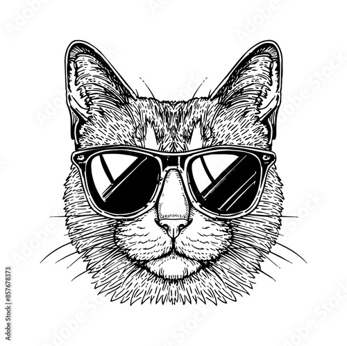 cat, wears sunglasses engraving black and white outline