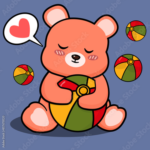 Clip art illustration of flat isolated cute teddy bear children cartoon character  hugging a colorful summer beach bouncing ball ready to play with heart sign