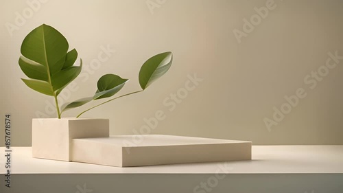 Minimalist White Platform With Green Leaves Generative AI