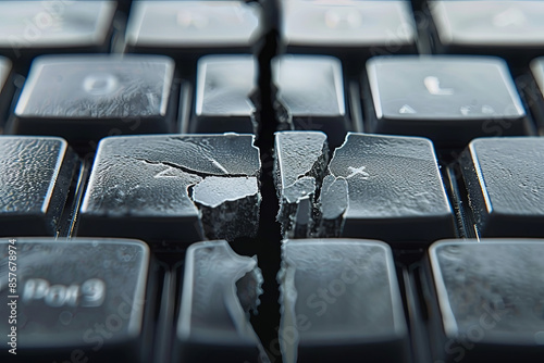 Internet confrontation and digital divide, symbolized by a keyboard split by cracks separating opposites photo