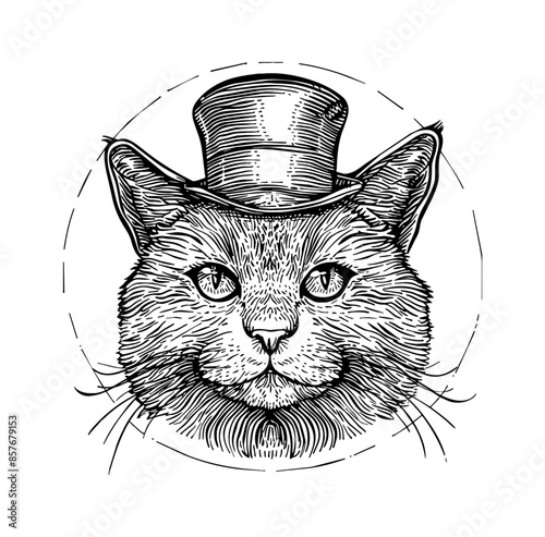 cat, wears high top hat engraving black and white outline