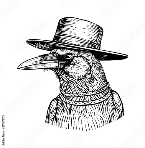 crow, wears high top hat engraving black and white outline