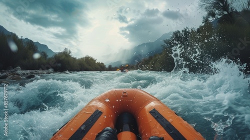 First person view of rafting on a river, rubber boat in the foreground, approaching a turbulent stream, raw and dynamic, detailed water splashes photo