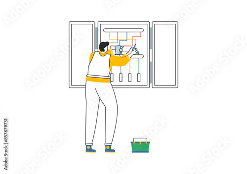 Lighting and Electricity Vector Illustration featuring a Light Bulb, Lamp, and Energy Maintenance Service Panel Cabinet for Technician Electrical Work