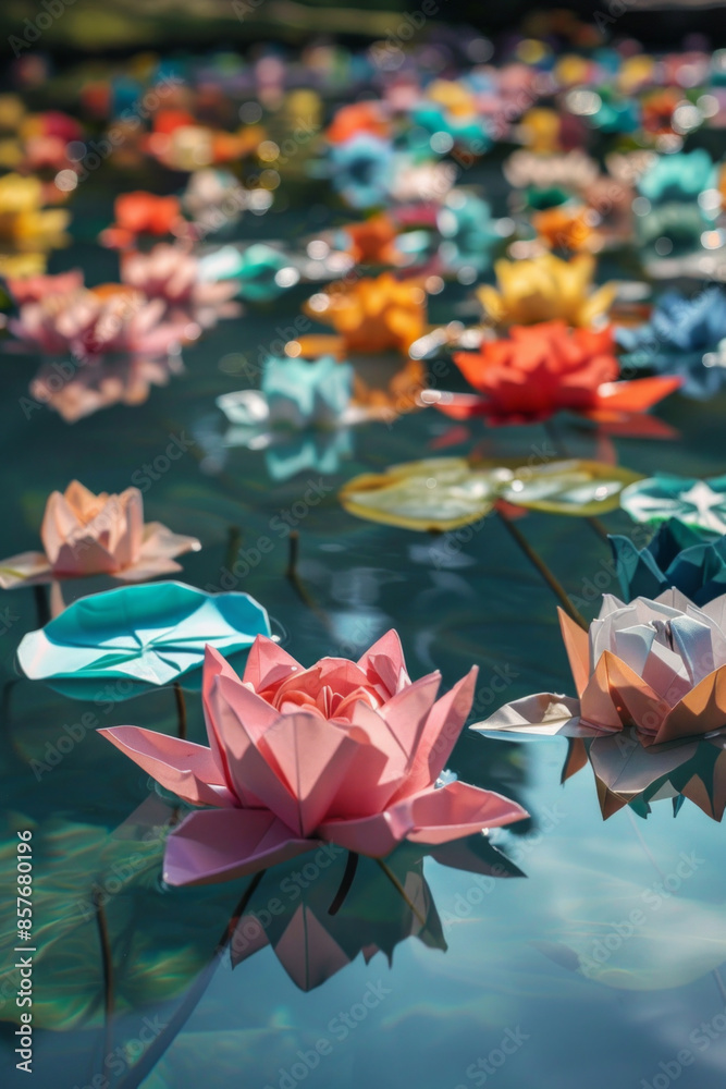 Naklejka premium Origami flowers floating on a serene pond, symbolizing the delicate and transformative nature of creativity 