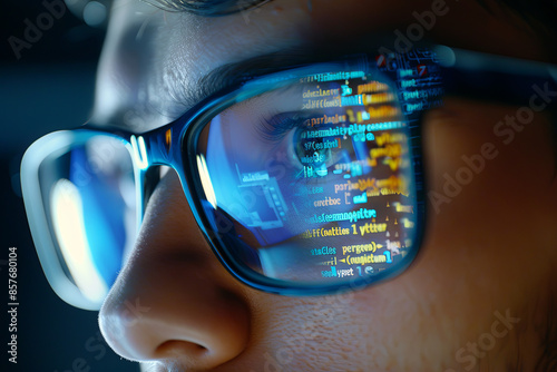 A focused developer wearing glasses works on a computer, with programming code and cyber security data reflected in his spectacles, highlighting his close-up eye photo