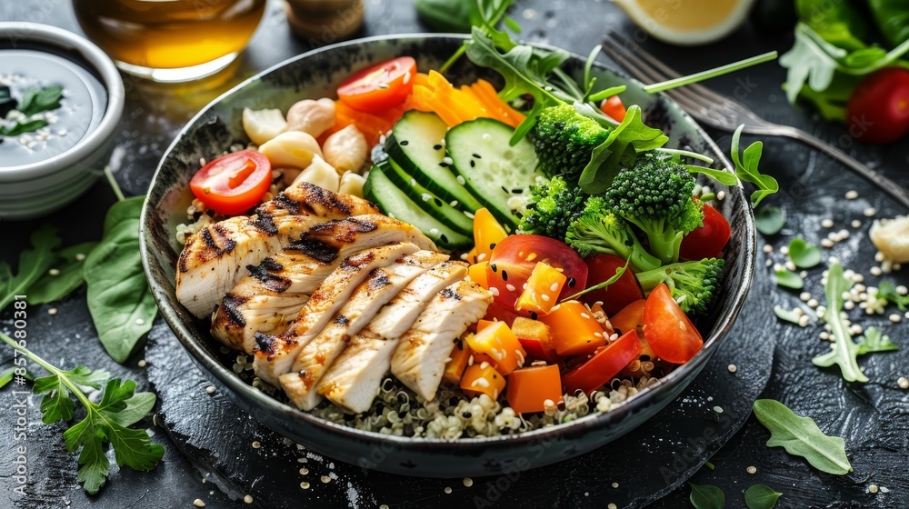 Healthy meal prep from a first person top view, balanced nutrition with fresh ingredients, vibrant and raw, detailed presentation