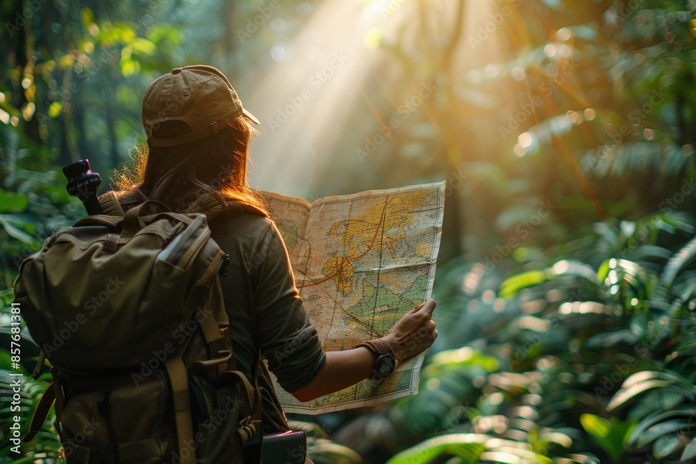 Naklejka premium A close-up of a traveler using a traditional map to navigate through a dense forest, with sunlight filtering through the trees. AI Generative.