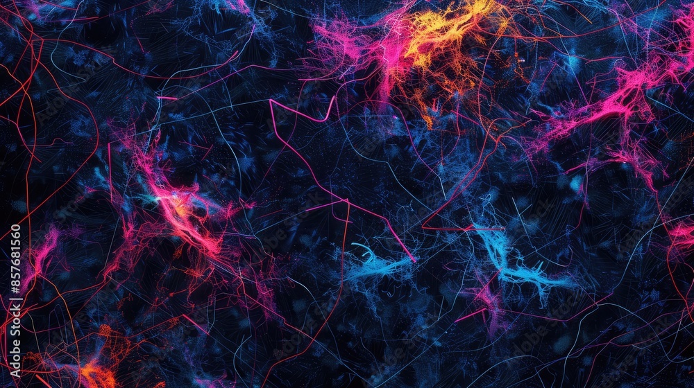 Obraz premium A modern tapestry featuring an abstract, chaotic blend of bright neon threads woven through a dark, coarse fabric