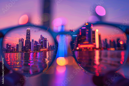 Cityscape reflected in the lenses of glasses photo