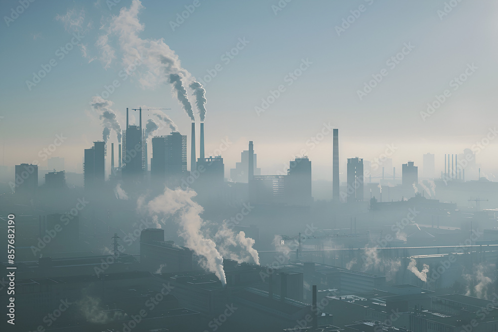 Foggy Industrial Cityscape with Smoke Emissions