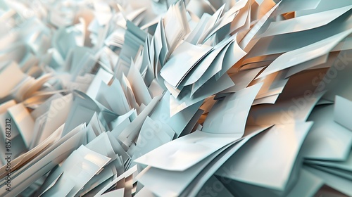 Abstract representation of a large stack of document papers, with pages fluttering in the breeze, capturing the dynamic and often chaotic nature of office work photo