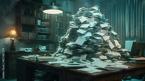 Creative depiction of a massive pile of document papers towering over a desk, highlighting the overwhelming amount of work and the importance of proper document management photo