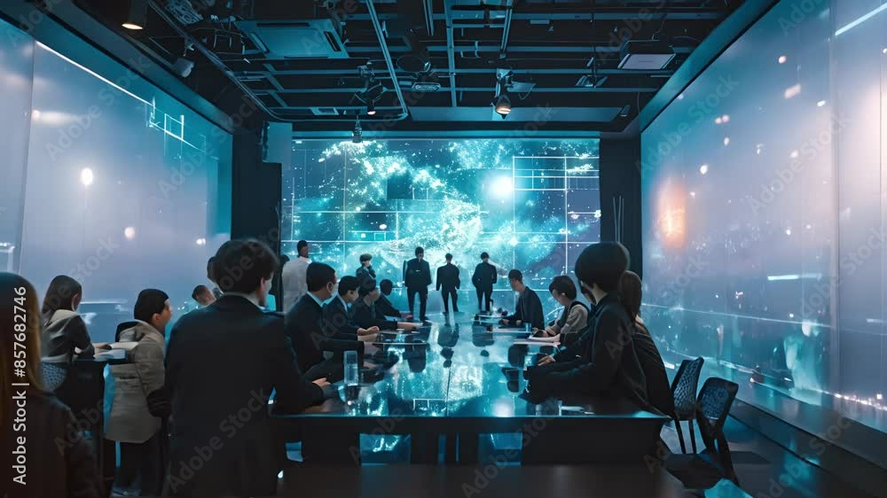 Futuristic command center with people meeting with holographic data display