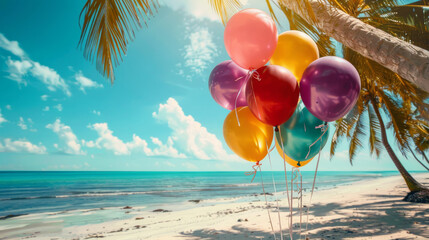 Summer party background with balloons on a beautiful beach