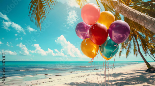 Fototapeta Naklejka Na Ścianę i Meble -  Summer party background with balloons on a beautiful beach
