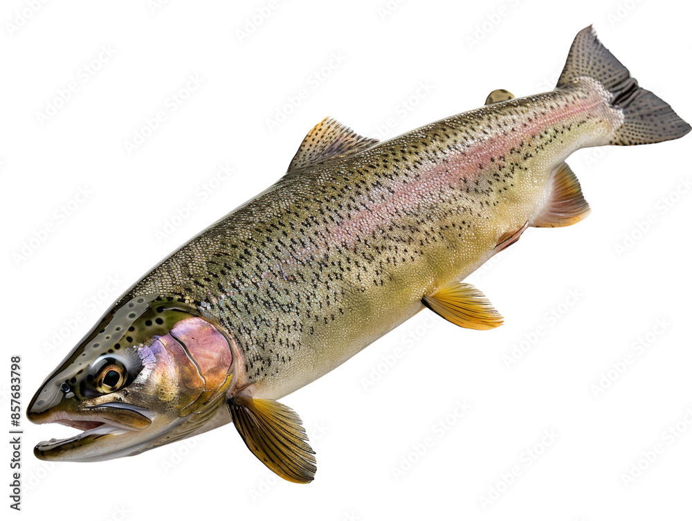 Close-up image of a rainbow trout fish isolated against a white background, showcasing its colorful scales and fins. Close-up image of a rainbow trout fish isolated against a white background, showcasing its colorful scales and fins.