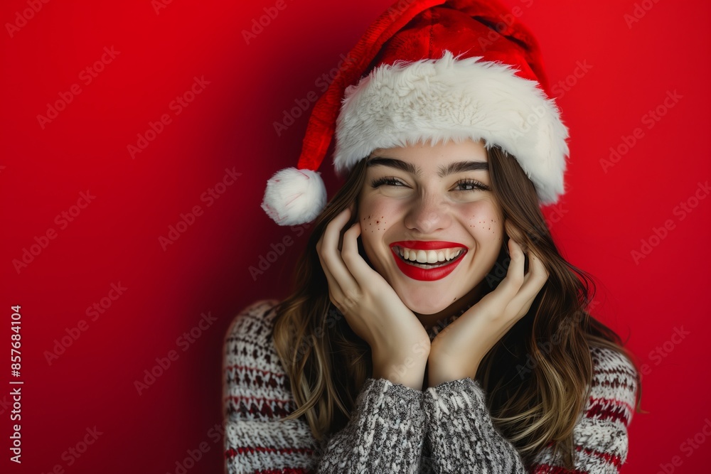 A woman with a bright smile in a Santa hat joyfully celebrates Christmas, bringing cheer and happiness to the festive season embodying the spirit of joy and merriment, spreading positivity A woman with a bright smile in a Santa hat joyfully celebrates Christmas, bringing cheer and happiness to the festive season embodying the spirit of joy and merriment, spreading positivity