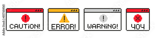 Warning window pixel. Computer window pixel.
