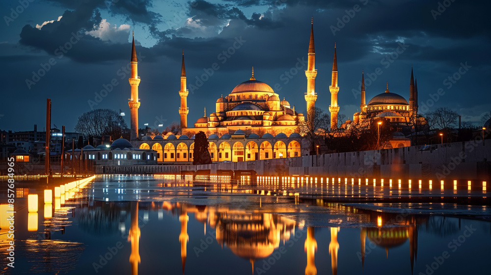 Obraz premium Blue Mosque illuminated at dusk a symbol of Turkish, AI Generative.