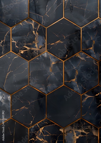  Dark grey and gold hexagonal tiles with a dark blue marble pattern ai generative