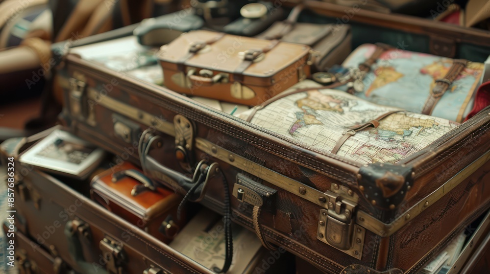 classic suitcase with holiday travel items background classic suitcase with holiday travel items background