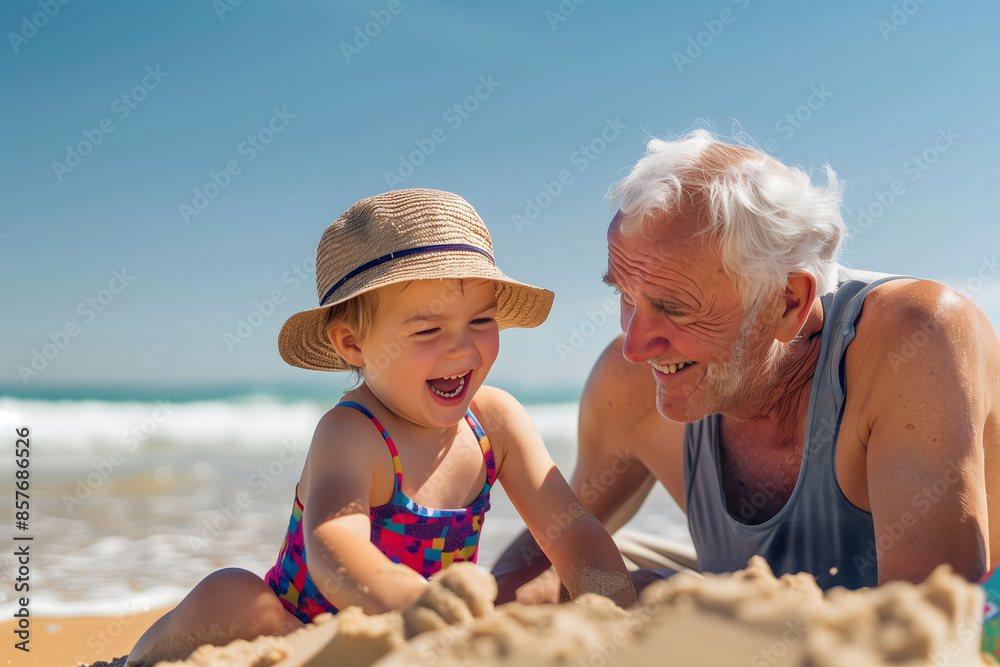 Grandfather bonding with grandchildren while building sandcastle at beach during summer Grandfather bonding with grandchildren while building sandcastle at beach during summer