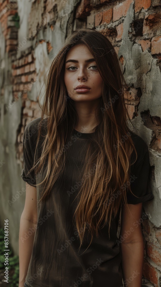 Fototapeta premium Portrait of a young woman with long brown hair, wearing a black t-shirt, standing in front of a brick wall. AI.