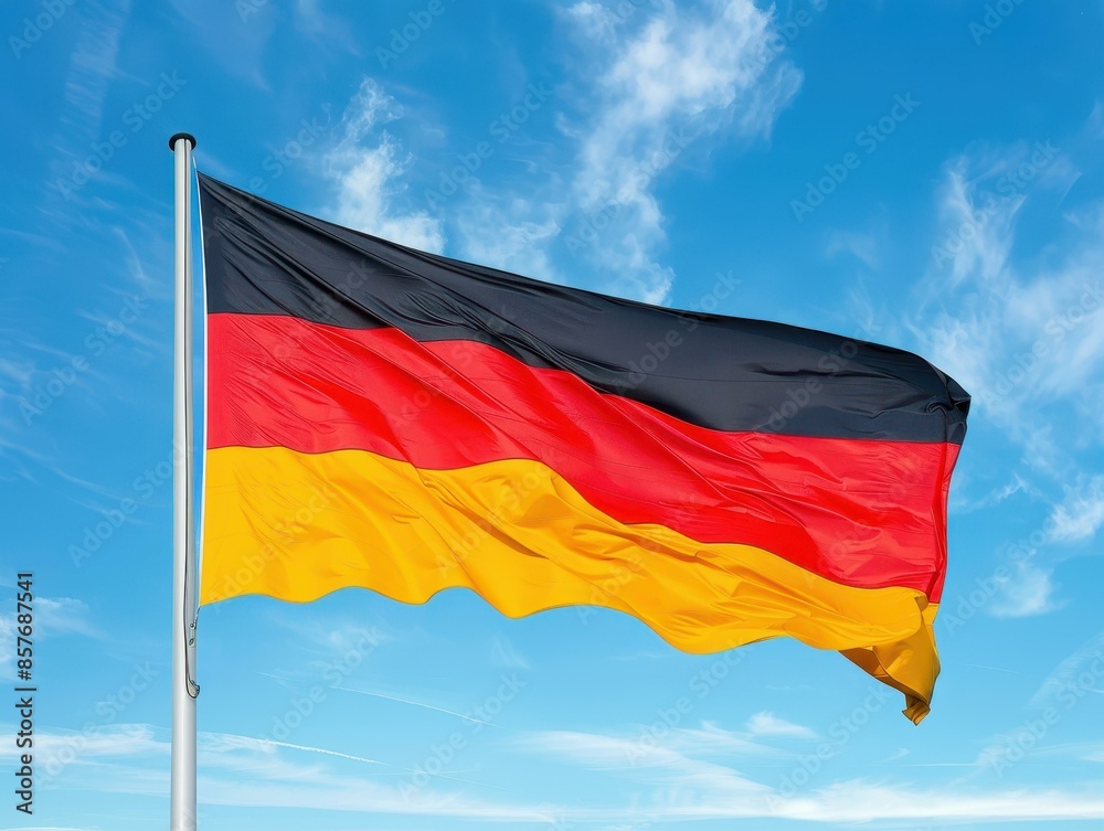 A high detailed German flag waving on a clear blue sky background. A high detailed German flag waving on a clear blue sky background.