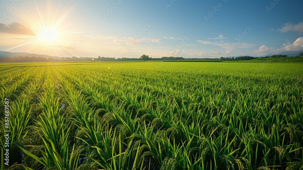 The vast fields, with lush green rice seedlings swaying gently in the breeze, capture the tranquility and vitality of nature in a realistic style under the warm sun of a clear summer day at noon The vast fields, with lush green rice seedlings swaying gently in the breeze, capture the tranquility and vitality of nature in a realistic style under the warm sun of a clear summer day at noon