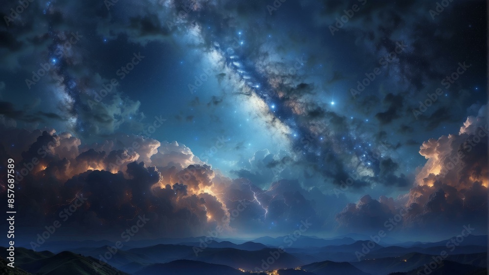 Fototapeta premium A beautiful landscape of a starry night sky with clouds and mountains. AI.