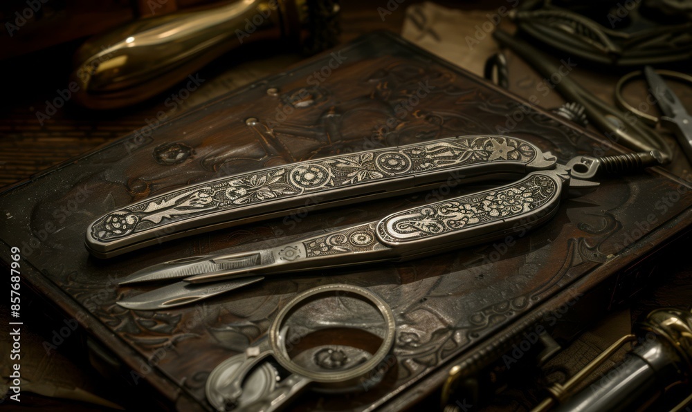 Antique folding knives with ornate engravings. AI. Antique folding knives with ornate engravings. AI.