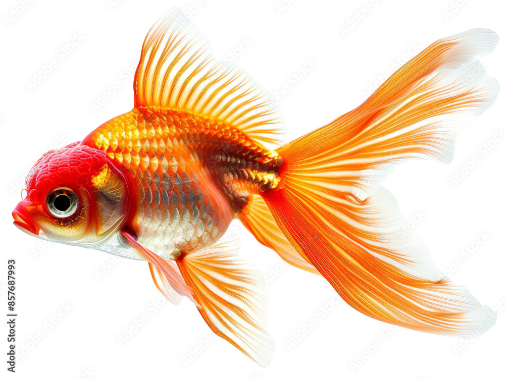 Fototapeta premium Close-up of a vibrant orange and white goldfish with flowing fins and scales, isolated on a white background. Perfect for aquatic and pet themes.