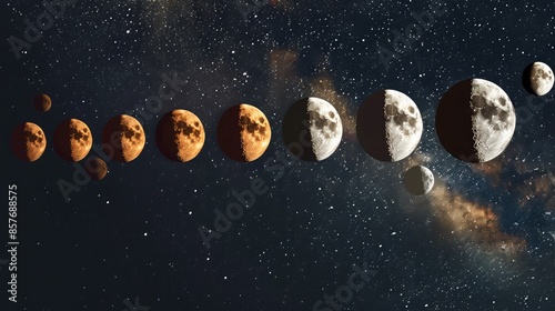 A series of framed prints, each depicting a different phase of the moon against a dark sky, lined up in chronological order