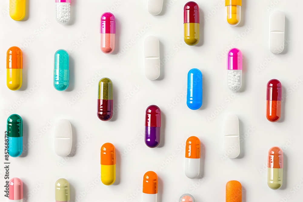 Lots of colorful pills on light background. Top view of vitamin supplement, drugs. Assorted colorful pills and capsules, representing medicine and healthcare Lots of colorful pills on light background. Top view of vitamin supplement, drugs. Assorted colorful pills and capsules, representing medicine and healthcare