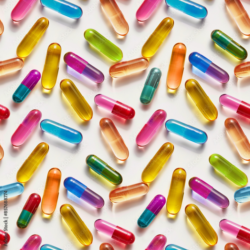 Lots of colorful pills on light background. Top view of vitamin supplement, drugs. Seamless background, seamless pattern. Medicine and healthcare concept Lots of colorful pills on light background. Top view of vitamin supplement, drugs. Seamless background, seamless pattern. Medicine and healthcare concept