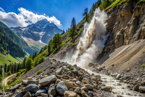 landslide rock fall down on mountain pass. Dangerous natural disaster photo