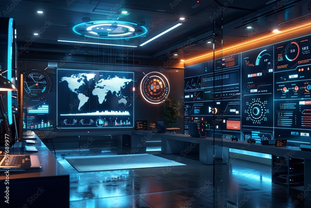 A futuristic marketing office showcasing screens displaying AI algorithms analyzing user behavior and optimizing ad campaigns. Generative AI A futuristic marketing office showcasing screens displaying AI algorithms analyzing user behavior and optimizing ad campaigns. Generative AI