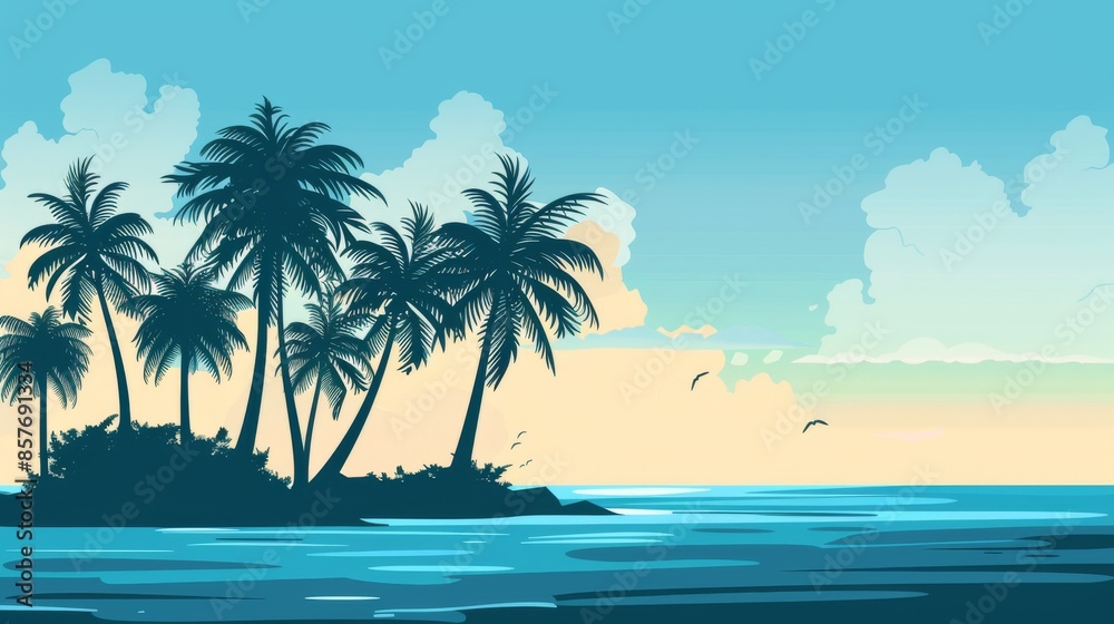 Fototapeta premium Silhouette of palm trees on a tropical island with a calm ocean and serene sky