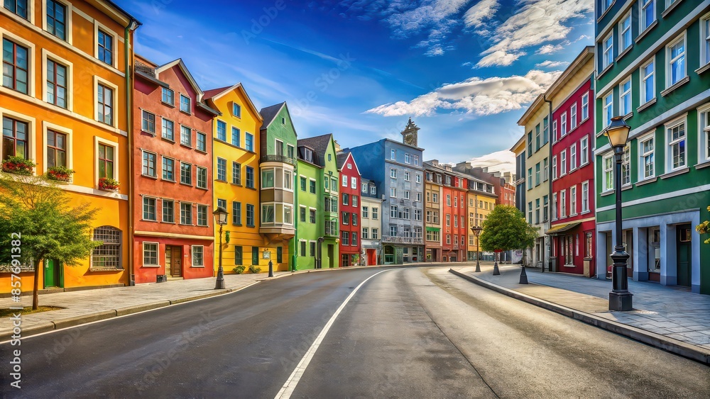 Obraz premium Empty city street with colorful buildings in the background, curvy, woman, smiling, happy, stylish, overweight, proud, body positivity, confidence, diversity, fashion, trendy, urban