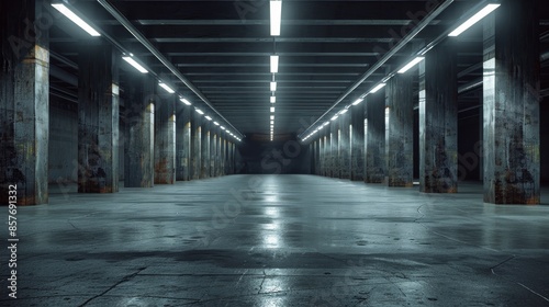 Empty warehouse corridor with dark concrete walls and white lights, realistic 3D rendering, raw industrial atmosphere
