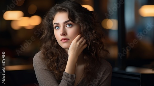 Wallpaper Mural Beautiful woman with concept thinking,Interested lady touch chin think choose answer Torontodigital.ca