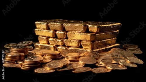 Gold bars in a neat stack, surrounded by coins, black background isolation, raw and detailed, luxurious feel photo