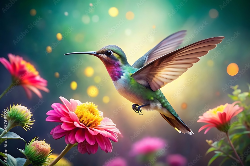 Hummingbird flying to pick up nectar from a beautiful flower.AI GENERATED Hummingbird flying to pick up nectar from a beautiful flower.AI GENERATED