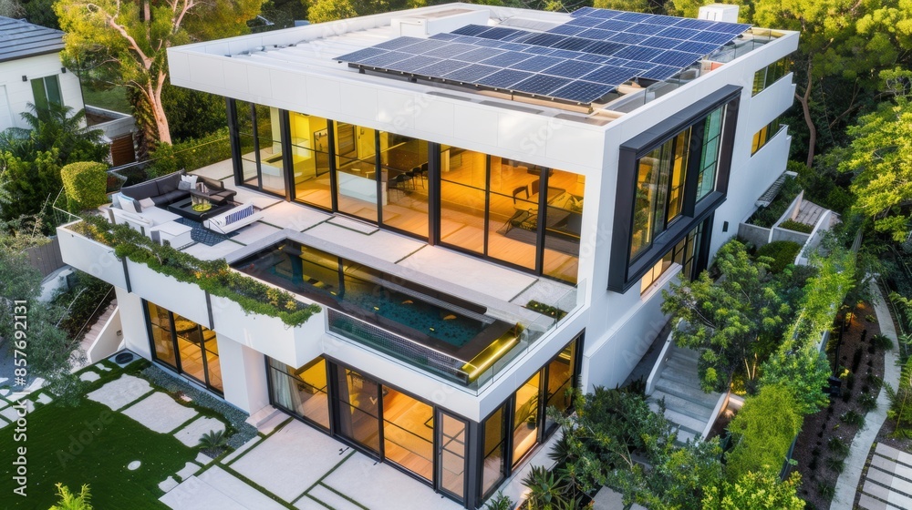 Modern luxury home with sleek design, solar panels, glass windows, and ...